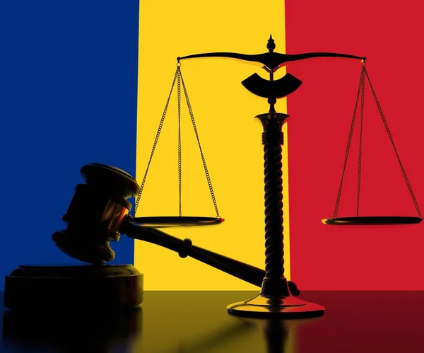 Суддя Гавель, терези і прапор Румунії 3d рендеринг — стокове фото