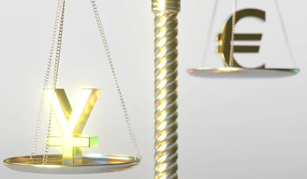 Yen JPY signe pèse moins que le symbole Euro sur les échelles de balance d'or, rendu 3D conceptuel — Photo