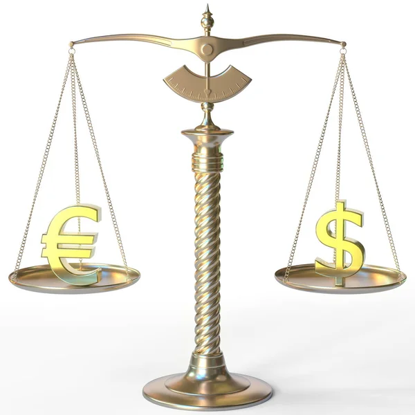 Euro EUR símbolo e sinal de dólar em balanças de balanço dourado, paridade forex conceitual renderização 3d — Fotografia de Stock