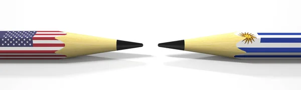 Dois lápis com bandeiras dos EUA e Uruguai, conflito político relacionado 3D renderização — Fotografia de Stock