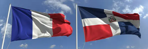 Флаги Франции и Доминиканской Республики на флагштоках. 3d-рендеринг — стоковое фото