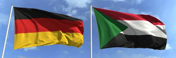 Banderas de Alemania y Sudán en asta de bandera. renderizado 3d — Foto de Stock