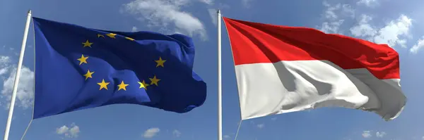 Banderas nacionales de la Unión Europea e Indonesia, 3d rendering — Foto de Stock