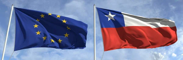 Gökyüzü arka planında Avrupa Birliği ve Şili 'nin dalgalı bayrakları, 3D görüntüleme — Stok fotoğraf