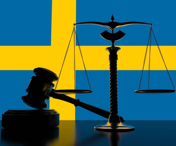 Flag of Sweden behind court gavel and scales. 3d rendering — Stock Photo, Image