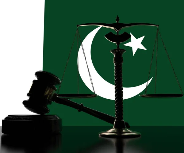 Judge gavel, balance scales and flag of Pakistan 3d rendering — Stock Photo, Image