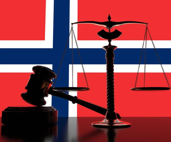 Backlit judge gavel and balance scales on flag of Norway background, 3d rendering — Stock Photo, Image