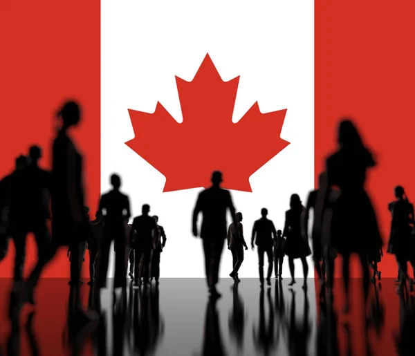 Flagge von Kanada und beleuchtete Menschenmenge, 3D-Darstellung — Stockfoto