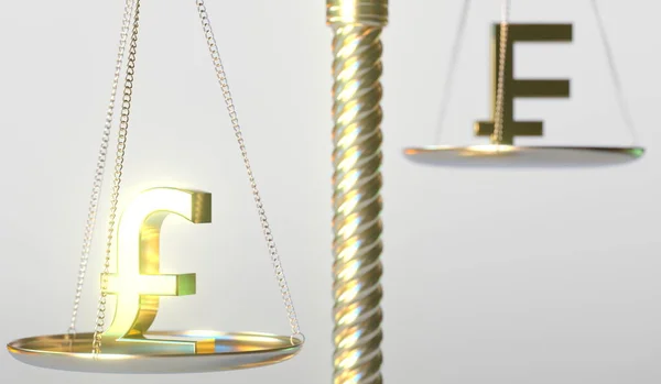 Pound sterling GBP sign weighs less than Swiss franc symbol on golden balance scales, conceptual 3d rendering — Stock Photo, Image