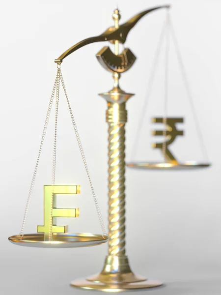Franco suíço CHF pesa mais do que rupia em balanças de equilíbrio. Conceito de tendência Forex. Renderização 3d — Fotografia de Stock