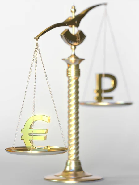 Евро весит больше рубля на балансовых весах. Концепция тренда Forex. 3d-рендеринг — стоковое фото