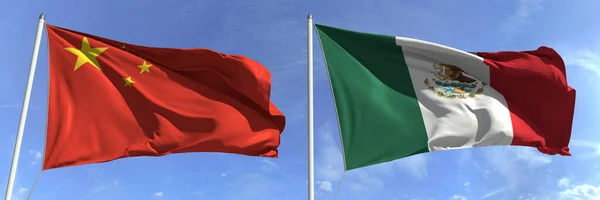 Flying flags of China and Mexico on high flagpoles (en inglés). renderizado 3d — Foto de Stock