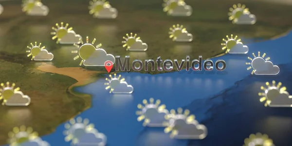 Partly cloudy weather icons near Montevideo city on the map, weather forecast related 3D rendering — Stock Photo, Image