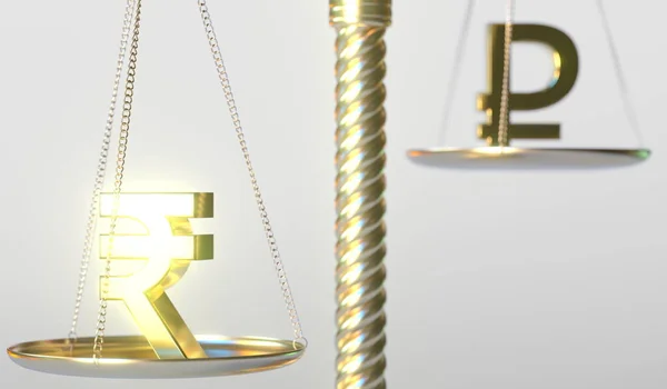 Rupee INR sign weighs less than Ruble symbol on golden balance scales, conceptual 3d rendering — Stock Photo, Image