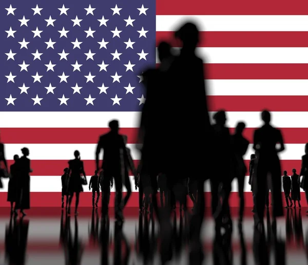 Silhoettes of unknown men and women on the flag of the United States background. renderizado 3d — Foto de Stock