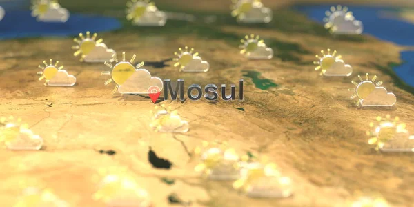 Częściowo zachmurzone ikony pogody w pobliżu miasta Mosul na mapie, prognoza pogody związane z renderowaniem 3D — Zdjęcie stockowe