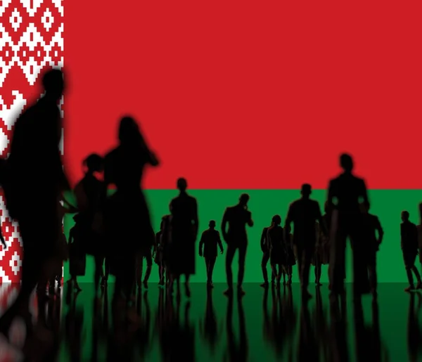 Silhoettes de homens e mulheres desconhecidos na bandeira da Bielorrússia fundo. Renderização 3d — Fotografia de Stock