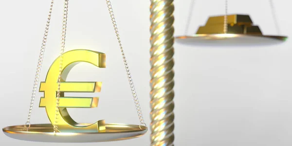 Eurosymbolen väger mer än guldtackor på vågar. Begreppet finansmarknad, 3D-konvertering — Stockfoto