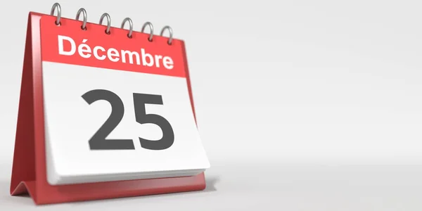 Dezembro 25 data escrita em francês na página de calendário flip, renderização 3d — Fotografia de Stock