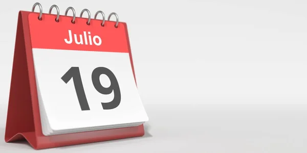 19 Ιουλίου ημερομηνία γραμμένη στα ισπανικά στο flip ημερολόγιο, 3d απόδοση — Φωτογραφία Αρχείου