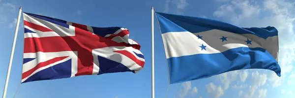 Waving flags of Great Britain and Honduras on flagpoles, 3d rendering — Stock Photo, Image