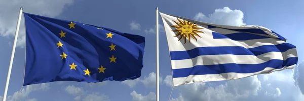 Bandiere sventolanti dell'Unione europea e dell'Uruguay sui pali della bandiera, rendering 3d — Foto Stock