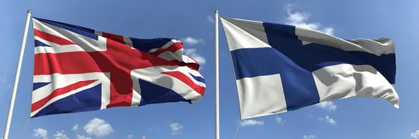 Flaggor från Storbritannien och Finland på höga flaggstänger. 3d-konvertering — Stockfoto