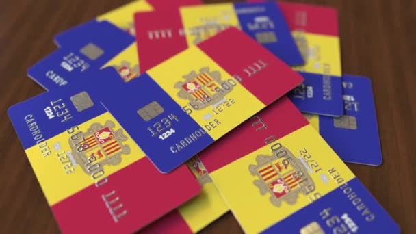 Куча кредитных карт с флагом Андорры — стоковое видео