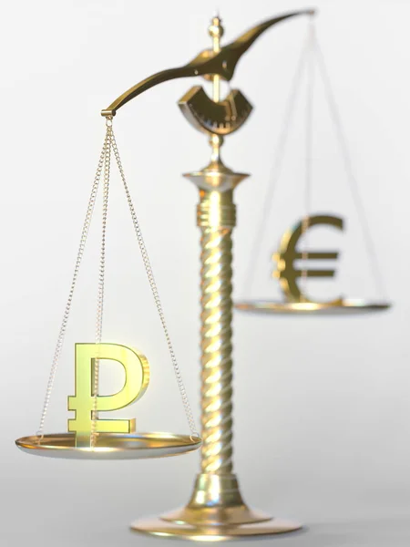 Der Rubel wiegt auf der Waage mehr als der Euro. Devisen-Trend-Konzept. 3D-Darstellung — Stockfoto