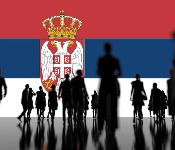 Silhoettes of people on the flag of Serbia background 3d render — стокове фото