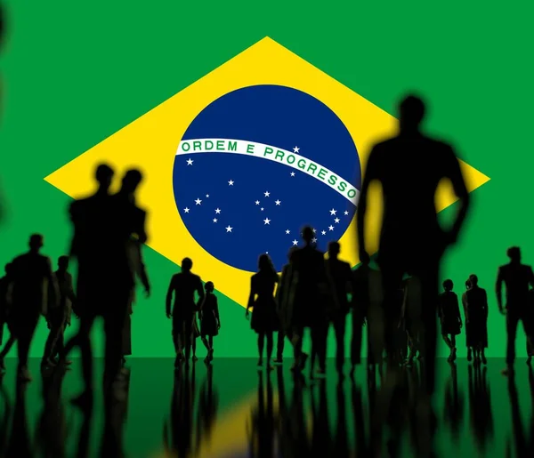 Silhoettes de pessoas na bandeira do Brasil fundo 3d renderização — Fotografia de Stock