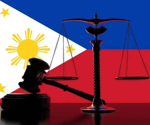 Bendera Filipina di belakang gavel pengadilan dan timbangan keseimbangan. Rendering 3d — Stok Foto