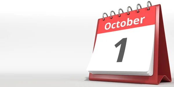 1 de octubre de fecha en la página del calendario de volteo, 3d renderizado — Foto de Stock