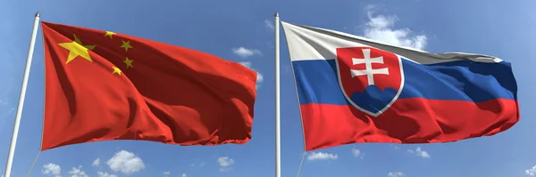 Bandeiras voadoras da China e Eslováquia no fundo do céu, renderização 3d — Fotografia de Stock
