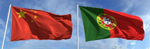 Waving flags of China and Portugal on flagpoles, 3d rendering — Stock Photo, Image