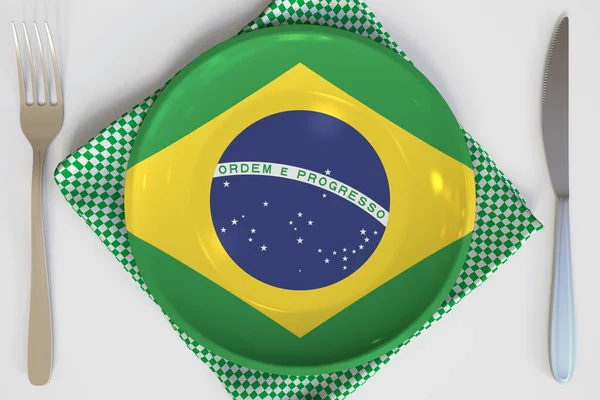 Вид сверху на табличку с флагом Бразилии, концептуальная 3d-рендеринг национальной кухни — стоковое фото