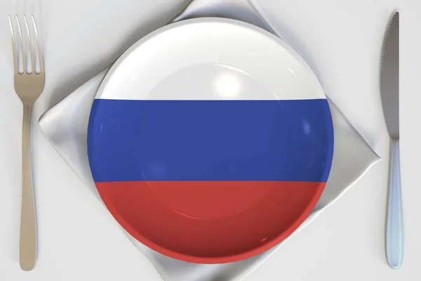 Blick von oben auf die Platte mit der Flagge Russlands, nationale Küche, konzeptionelle 3D-Darstellung — Stockfoto