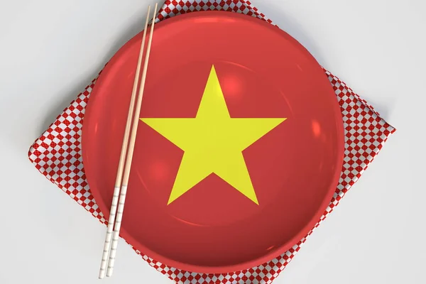 Flag of Vietnam on the plate and chopsticks. National cuisine concept. 3d rendering — Stock Photo, Image