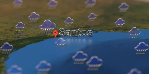 Santos cidade e ícone do tempo chuvoso no mapa, previsão meteorológica relacionada renderização 3D — Fotografia de Stock