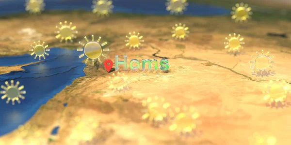 Солнечные иконки погоды рядом с Хомсом на карте, прогноз погоды на 3D рендеринг — стоковое фото