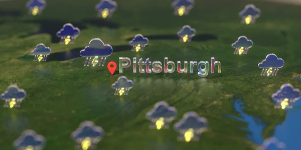 Ікона шторму біля міста Піттсбург на карті, прогноз погоди пов'язаний з 3D рендерингом — стокове фото