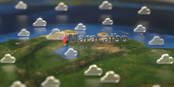 Ícones meteorológicos nublados perto da cidade de Maracaibo no mapa, previsão meteorológica relacionada com a renderização 3D — Fotografia de Stock