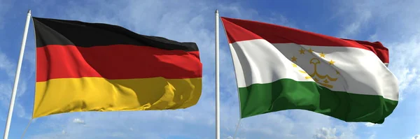 Flying flags of Germany and Tajikistan on high flagpoles. renderizado 3d — Foto de Stock