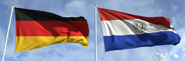 Banderas voladoras de Alemania y Paraguay en asta de bandera alta. renderizado 3d — Foto de Stock