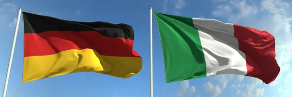 Bandiere sventolanti di Germania e Italia sui pali di bandiera, rendering 3d — Foto Stock