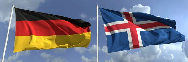 Flying flags of Germany and Iceland on high flagpoles. 3d rendering — Stock Photo, Image