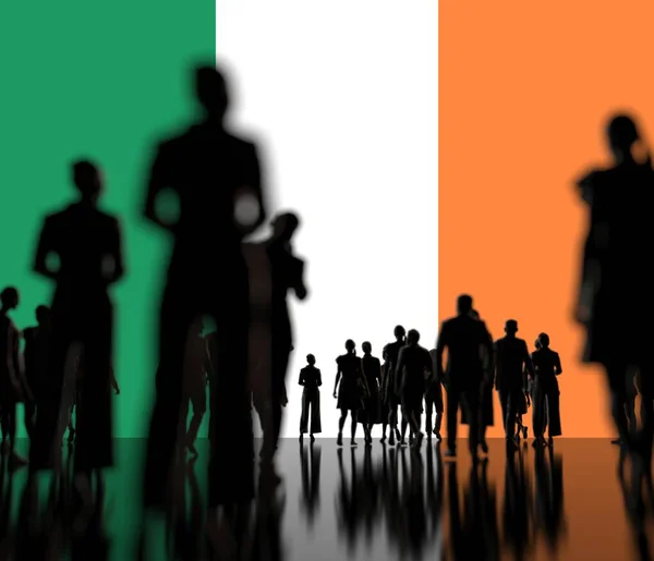 在爱尔兰国旗背景上的一些不知名的男男女女的肖像。3d渲染 — 图库照片