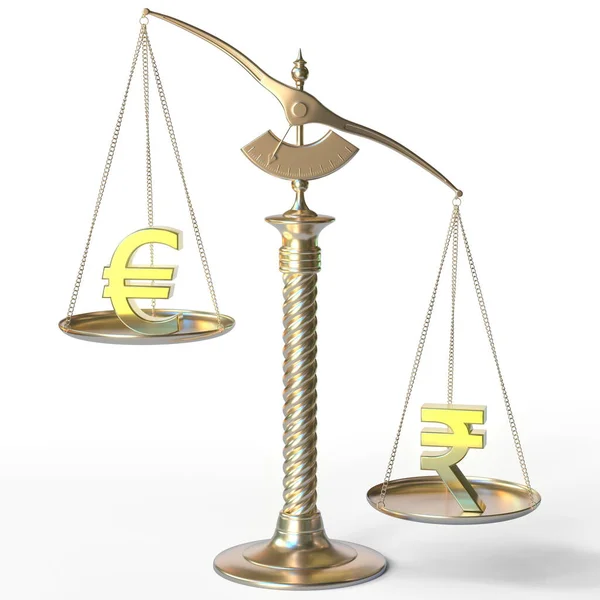 Euro EUR sinal pesa menos do que o símbolo de rupia em balanças de balanço dourado, renderização 3d — Fotografia de Stock