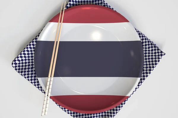 Bandera de Tailandia en el plato y palillos. Concepto de cocina nacional. renderizado 3d — Foto de Stock