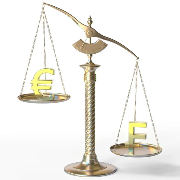 유로 유로유 러 (Euro EUR) 사인은 금 저울 위에서 스위스 프랑 기호보다 무게가 적게 나가는 3d 렌더링 — 스톡 사진